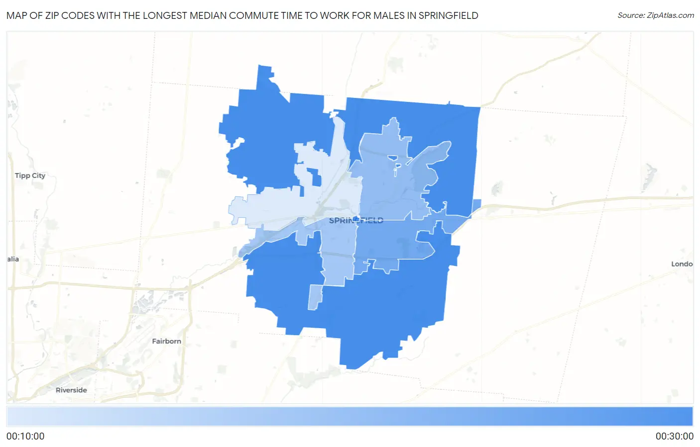 Zip Codes with the Longest Median Commute Time to Work for Males in Springfield Map