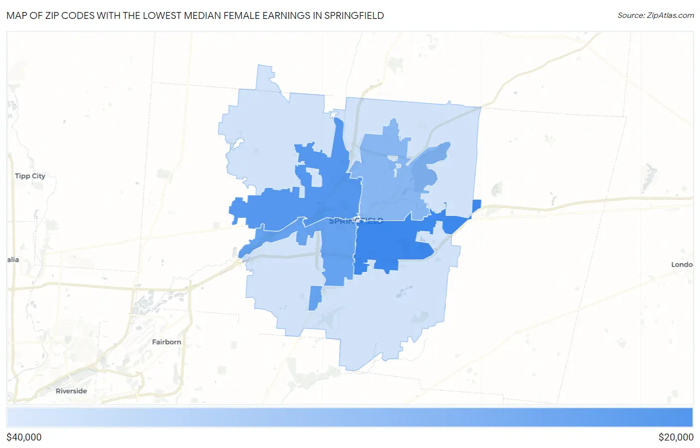 Zip Codes with the Lowest Median Female Earnings in Springfield Map