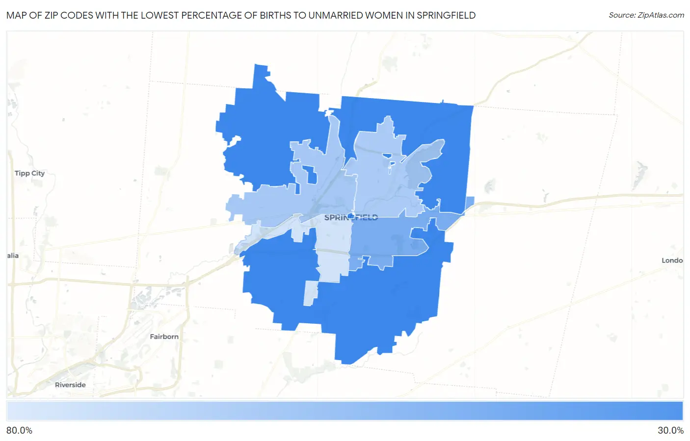 Zip Codes with the Lowest Percentage of Births to Unmarried Women in Springfield Map