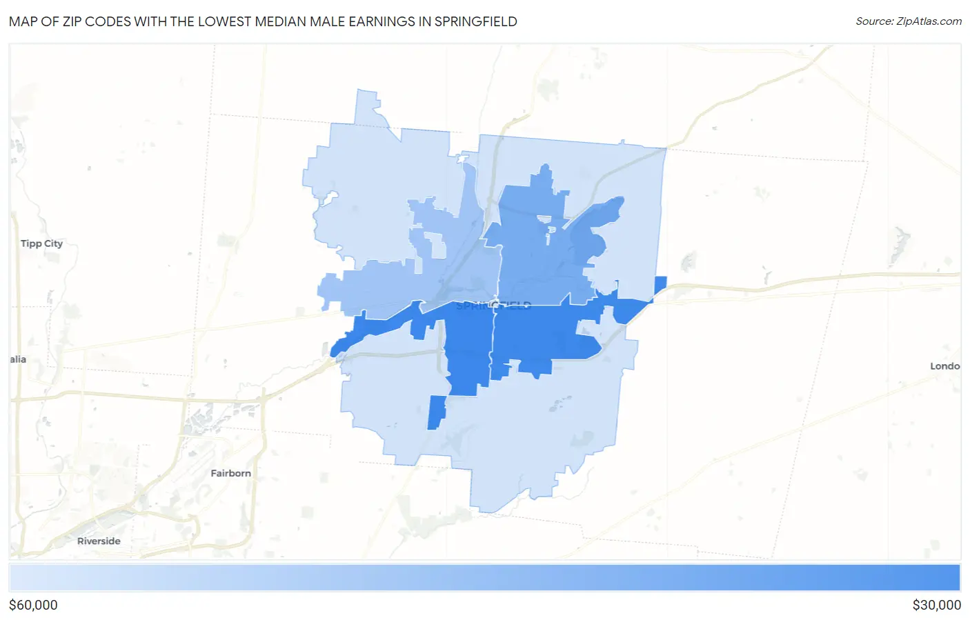Zip Codes with the Lowest Median Male Earnings in Springfield Map