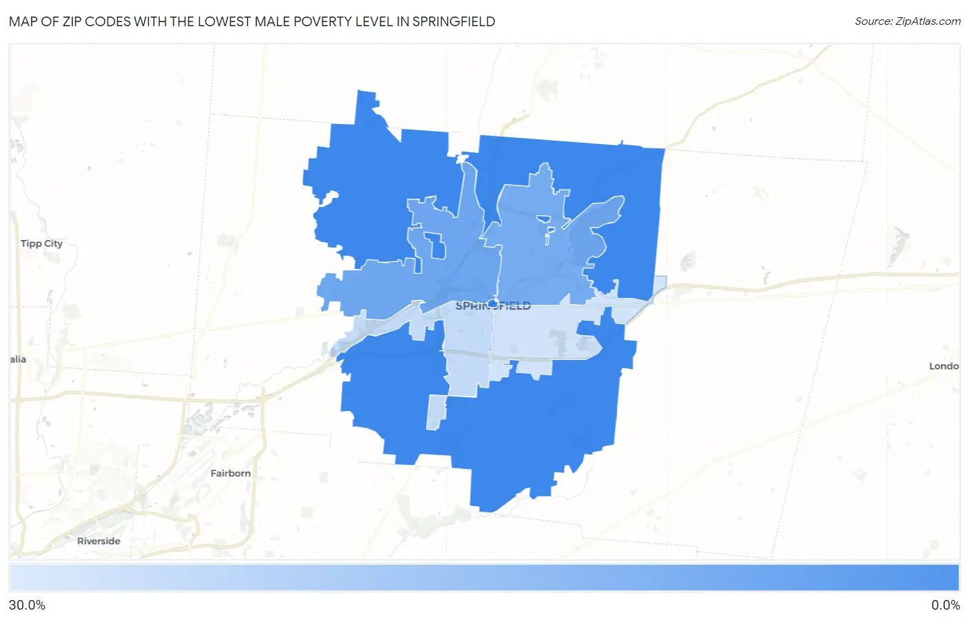 Zip Codes with the Lowest Male Poverty Level in Springfield Map