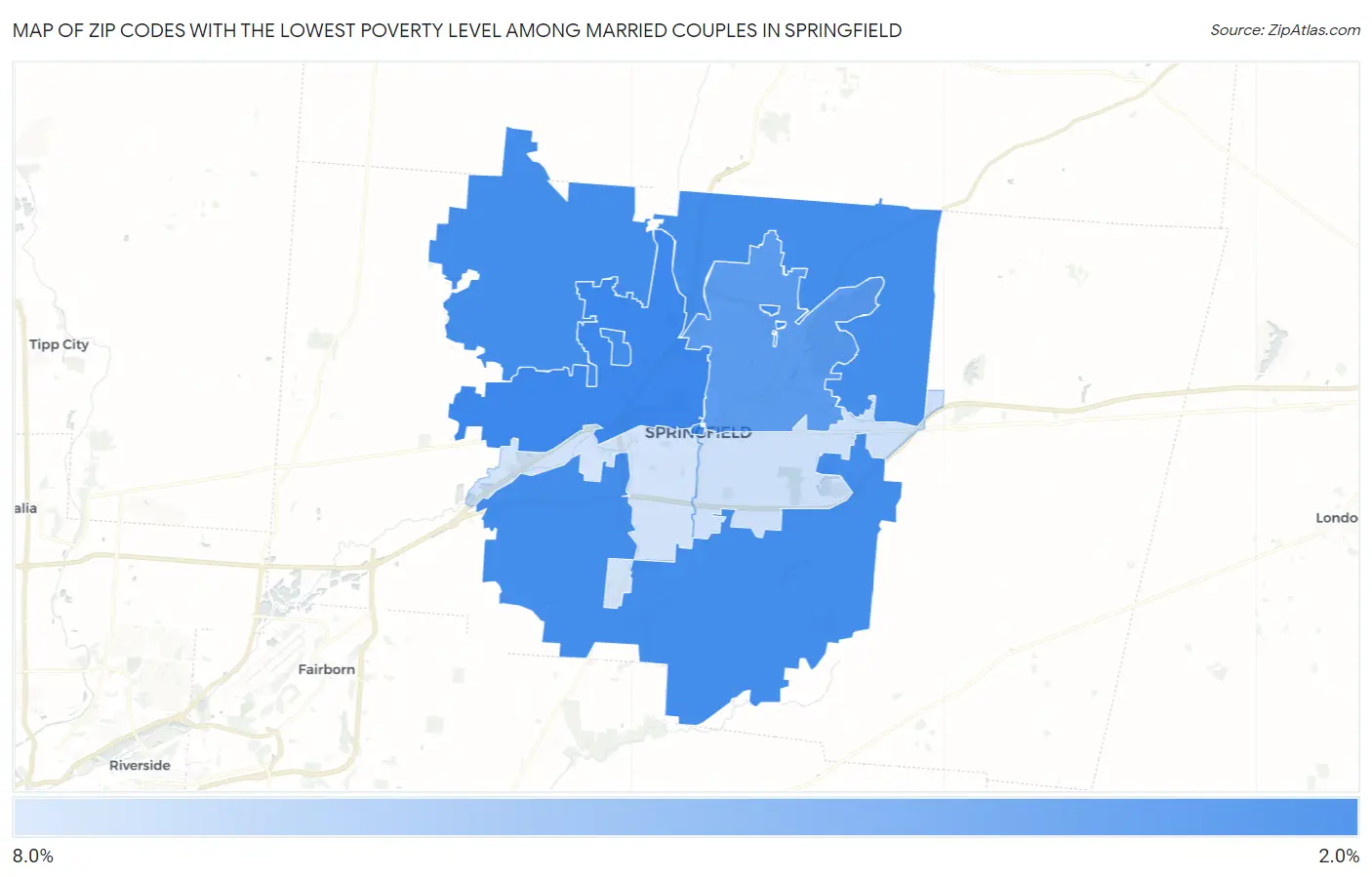 Zip Codes with the Lowest Poverty Level Among Married Couples in Springfield Map