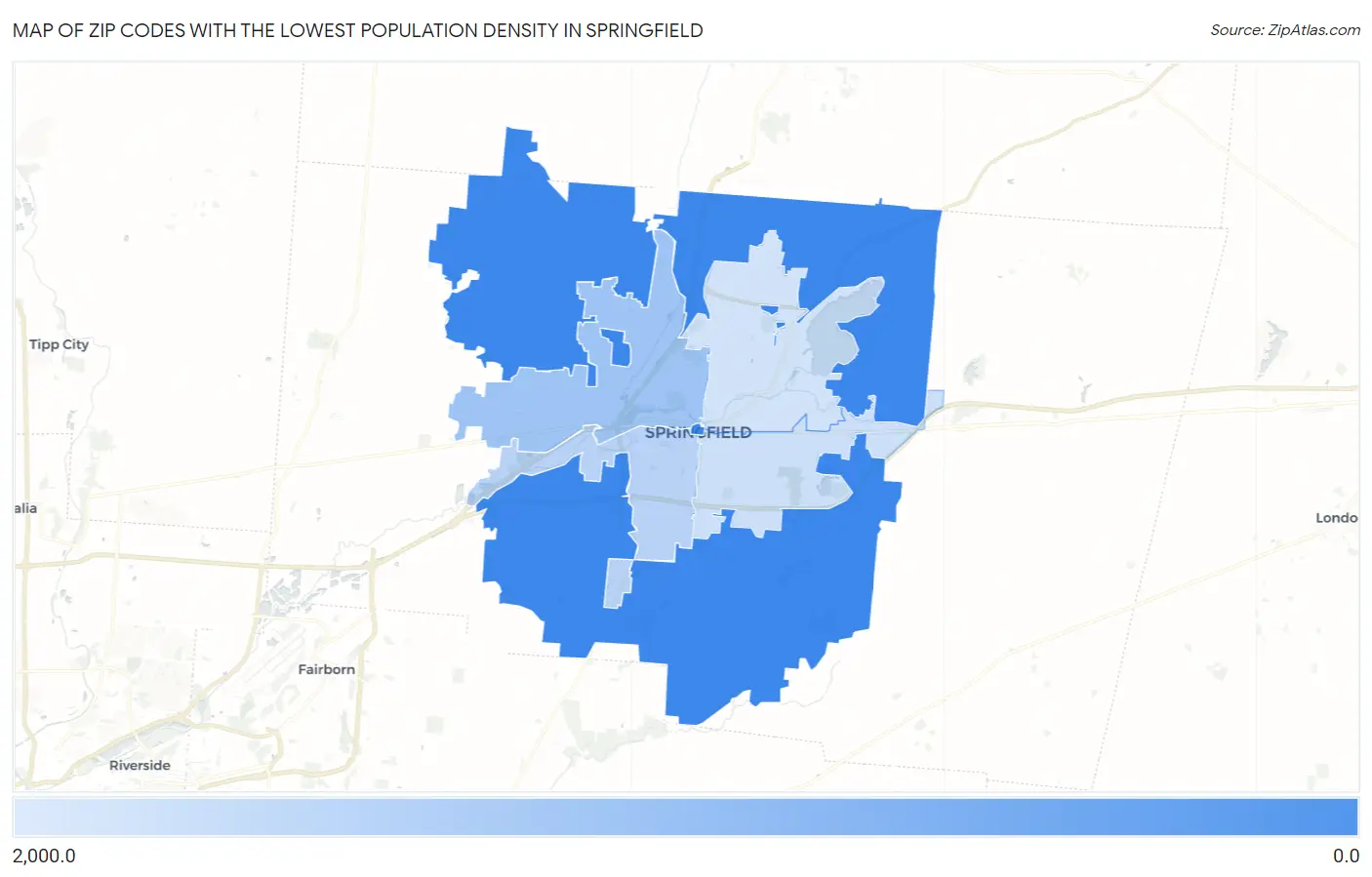 Zip Codes with the Lowest Population Density in Springfield Map