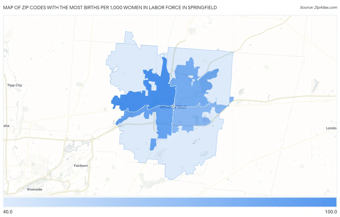 Zip Codes with the Most Births per 1,000 Women in Labor Force in Springfield Map