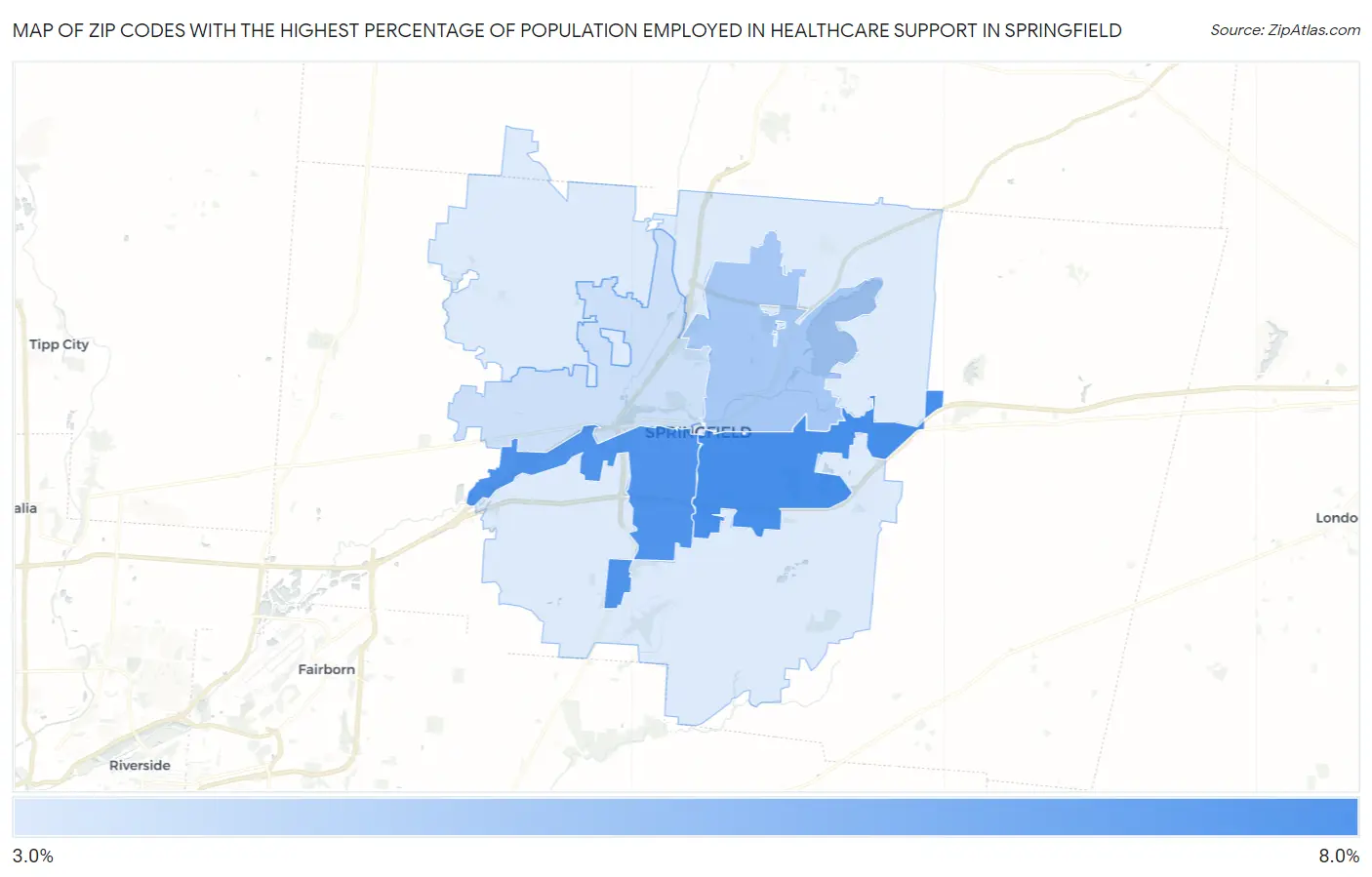 Zip Codes with the Highest Percentage of Population Employed in Healthcare Support in Springfield Map