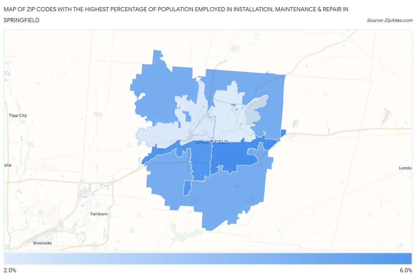 Zip Codes with the Highest Percentage of Population Employed in Installation, Maintenance & Repair in Springfield Map