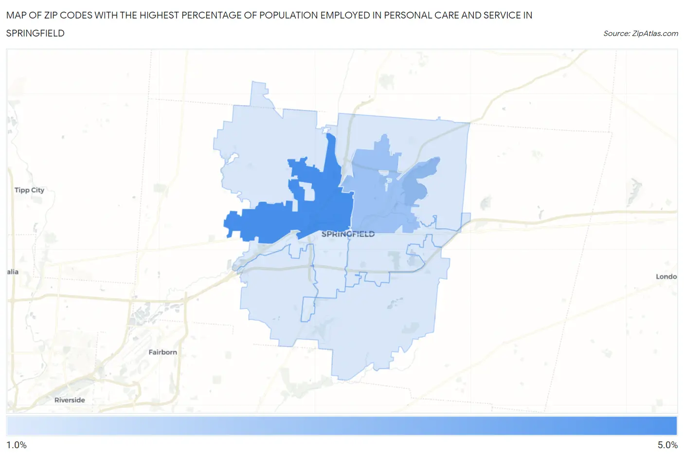 Zip Codes with the Highest Percentage of Population Employed in Personal Care and Service in Springfield Map