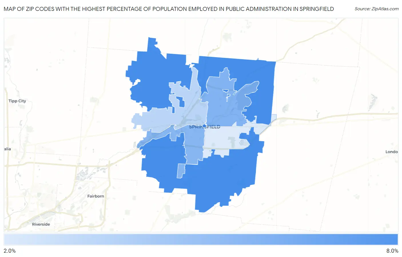 Zip Codes with the Highest Percentage of Population Employed in Public Administration in Springfield Map