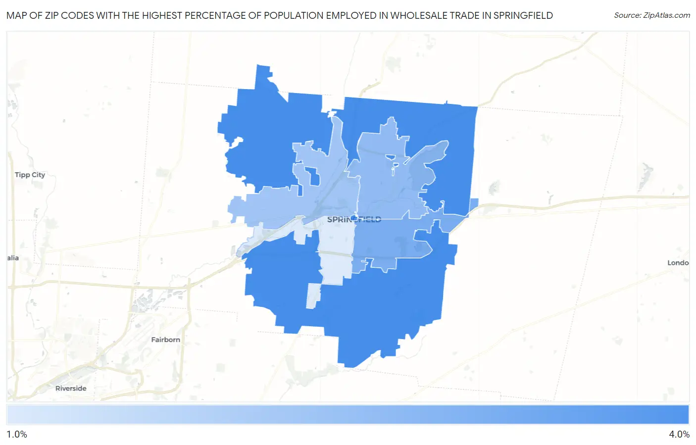Zip Codes with the Highest Percentage of Population Employed in Wholesale Trade in Springfield Map