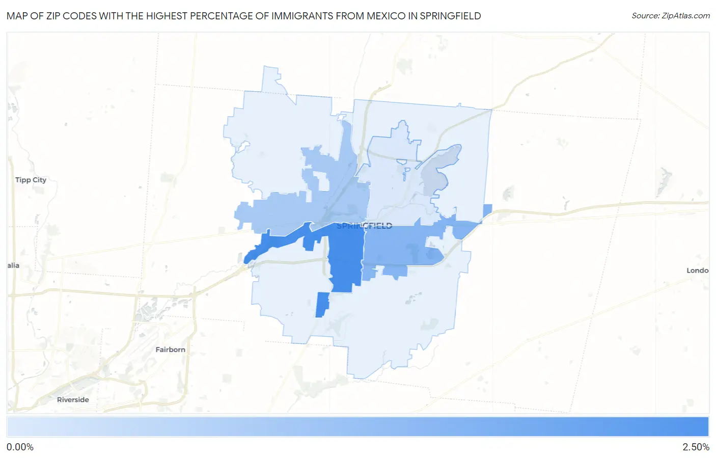 Zip Codes with the Highest Percentage of Immigrants from Mexico in Springfield Map