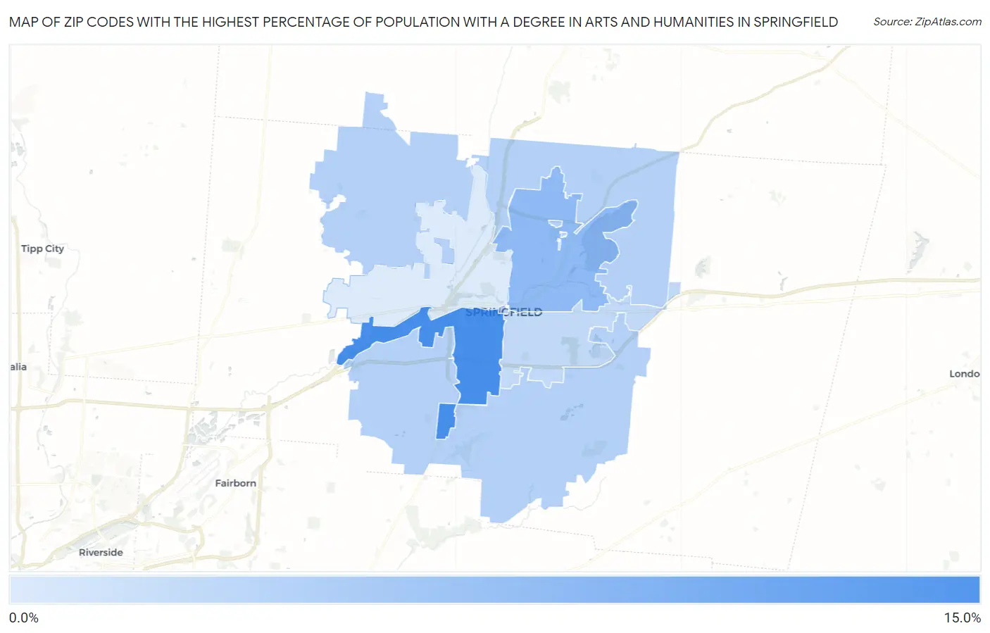 Zip Codes with the Highest Percentage of Population with a Degree in Arts and Humanities in Springfield Map