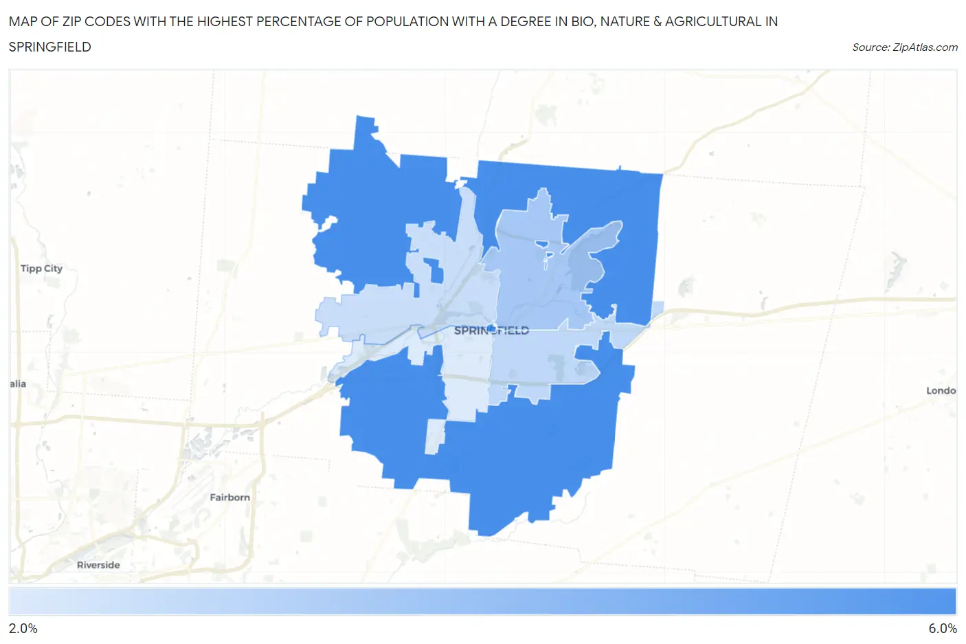 Zip Codes with the Highest Percentage of Population with a Degree in Bio, Nature & Agricultural in Springfield Map