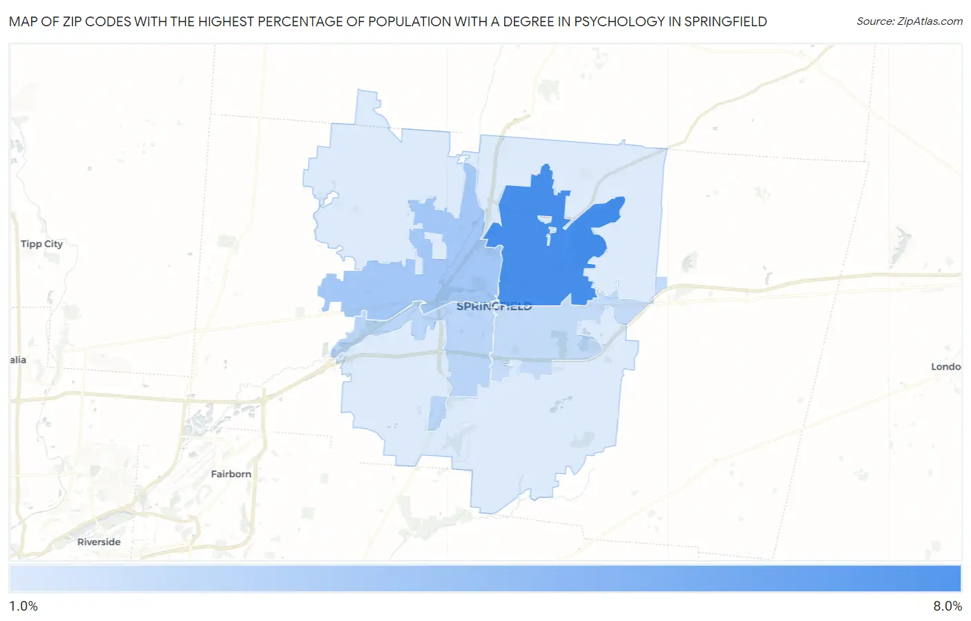Zip Codes with the Highest Percentage of Population with a Degree in Psychology in Springfield Map
