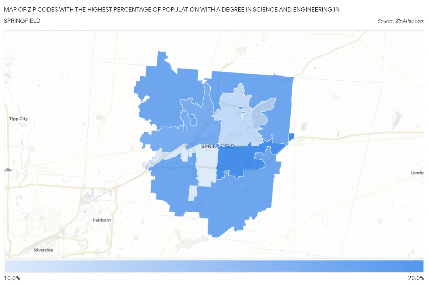Zip Codes with the Highest Percentage of Population with a Degree in Science and Engineering in Springfield Map