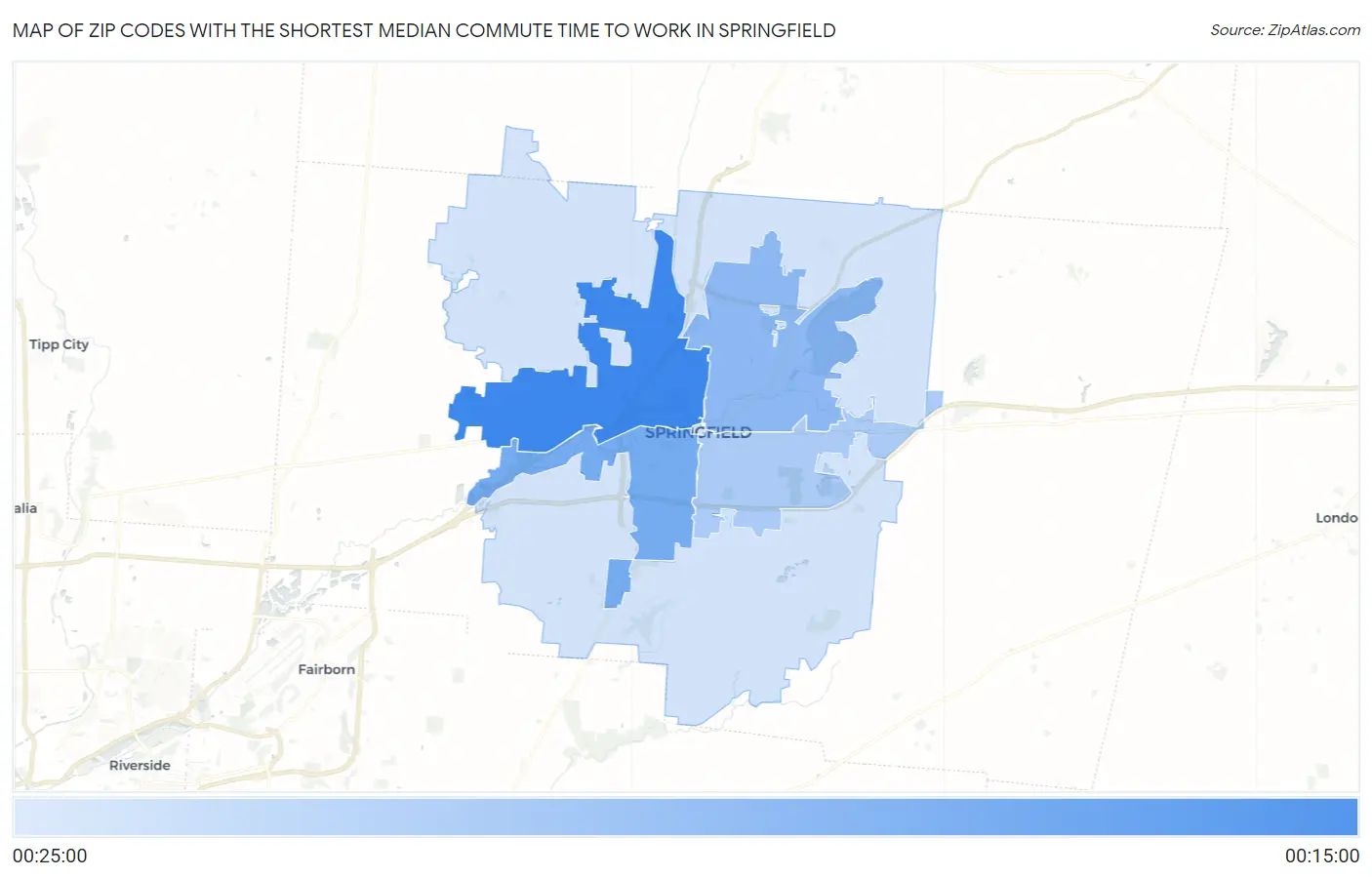 Zip Codes with the Shortest Median Commute Time to Work in Springfield Map