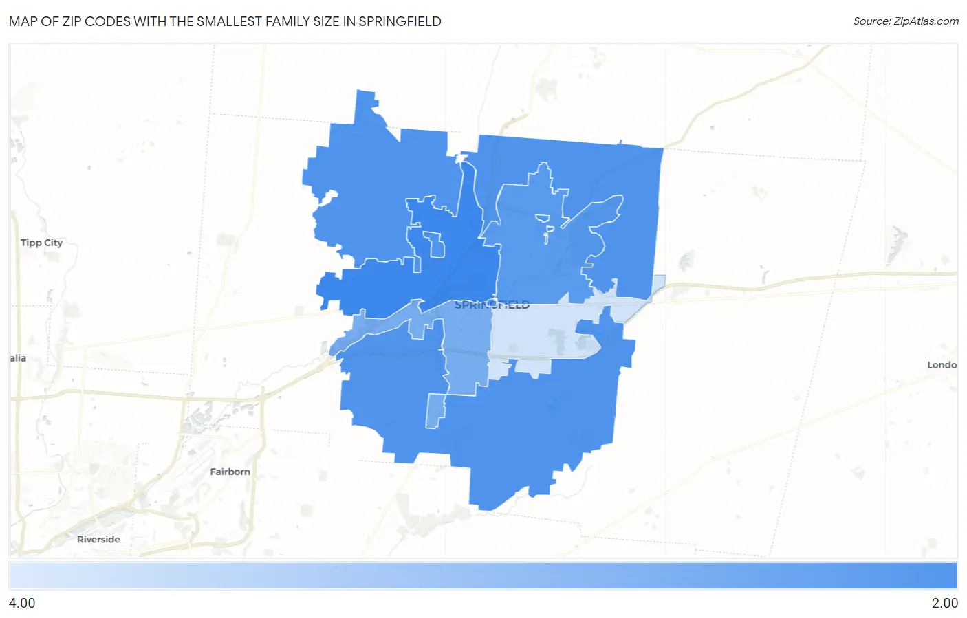 Zip Codes with the Smallest Family Size in Springfield Map