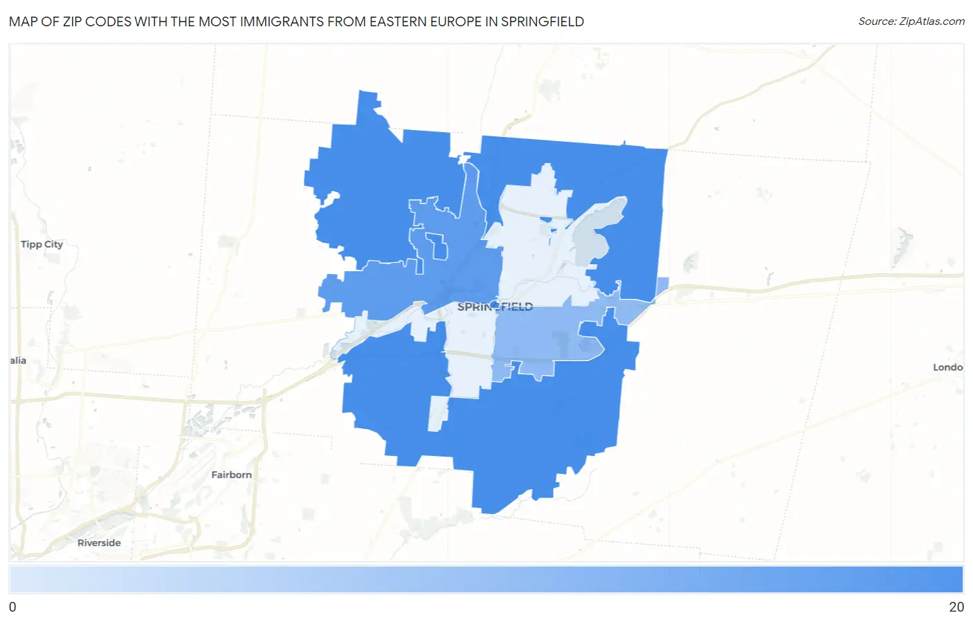 Zip Codes with the Most Immigrants from Eastern Europe in Springfield Map