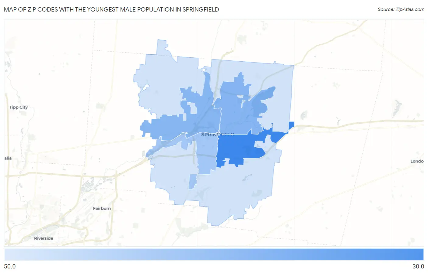 Zip Codes with the Youngest Male Population in Springfield Map
