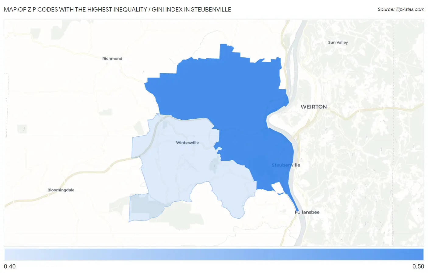 Zip Codes with the Highest Inequality / Gini Index in Steubenville Map
