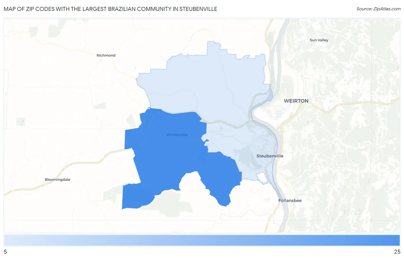 Zip Codes with the Largest Brazilian Community in Steubenville Map