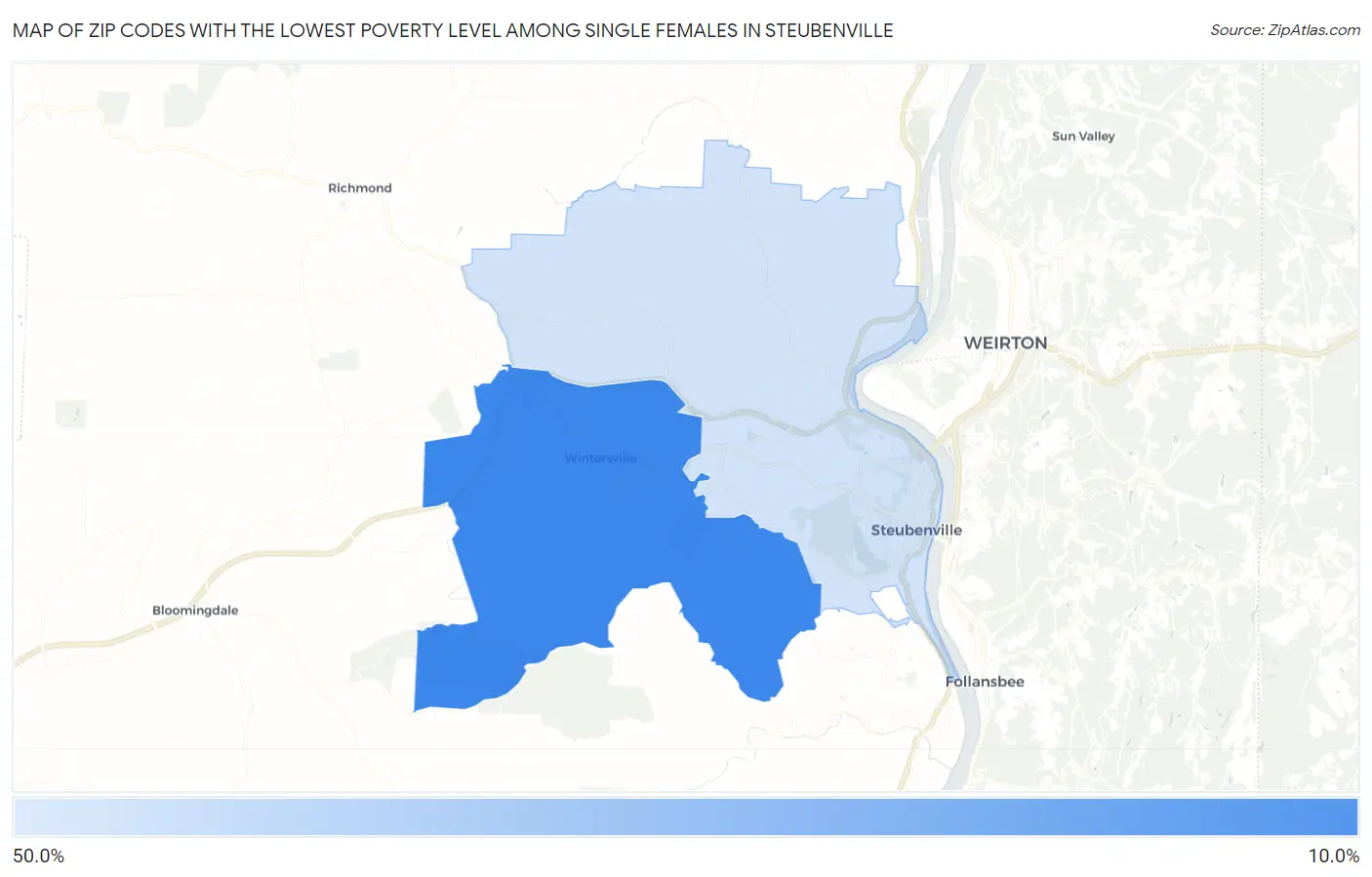 Zip Codes with the Lowest Poverty Level Among Single Females in Steubenville Map