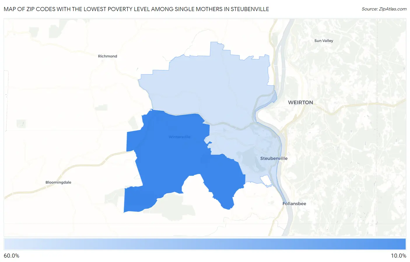 Zip Codes with the Lowest Poverty Level Among Single Mothers in Steubenville Map