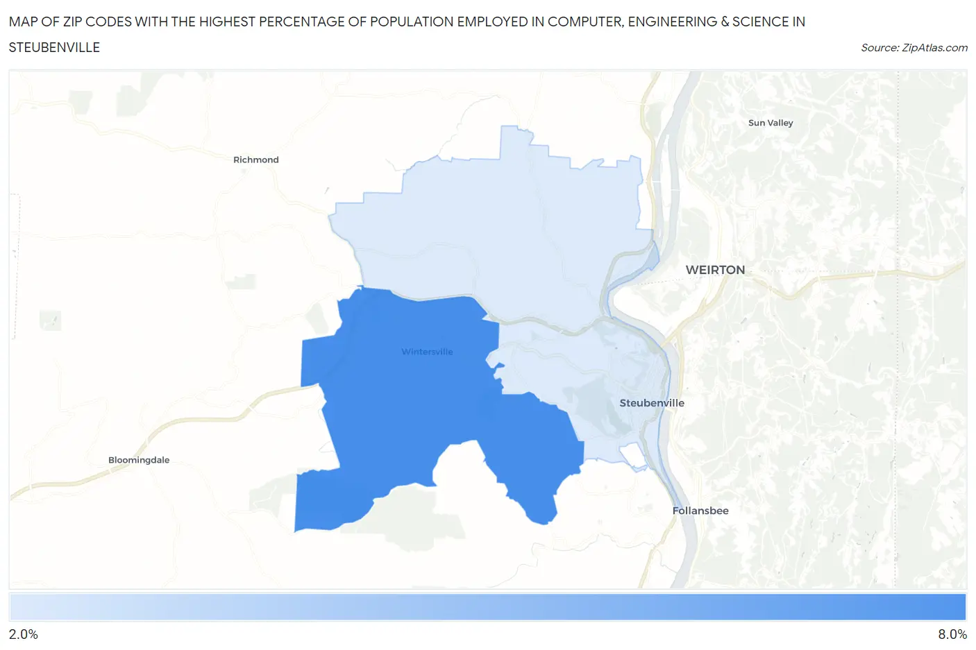 Zip Codes with the Highest Percentage of Population Employed in Computer, Engineering & Science in Steubenville Map