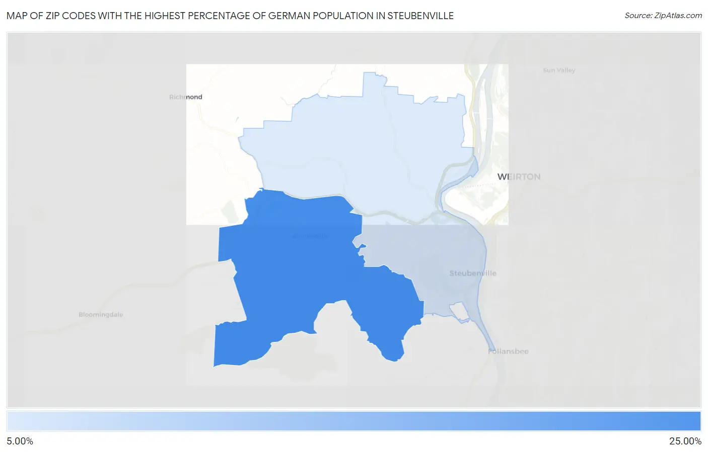 Zip Codes with the Highest Percentage of German Population in Steubenville Map