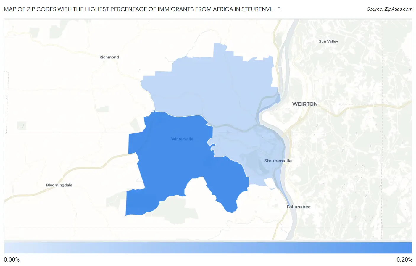 Zip Codes with the Highest Percentage of Immigrants from Africa in Steubenville Map