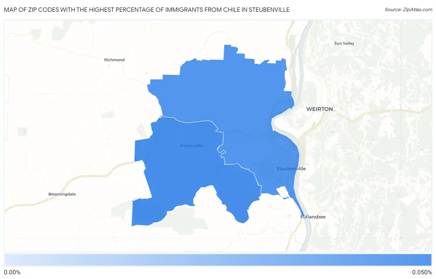 Zip Codes with the Highest Percentage of Immigrants from Chile in Steubenville Map