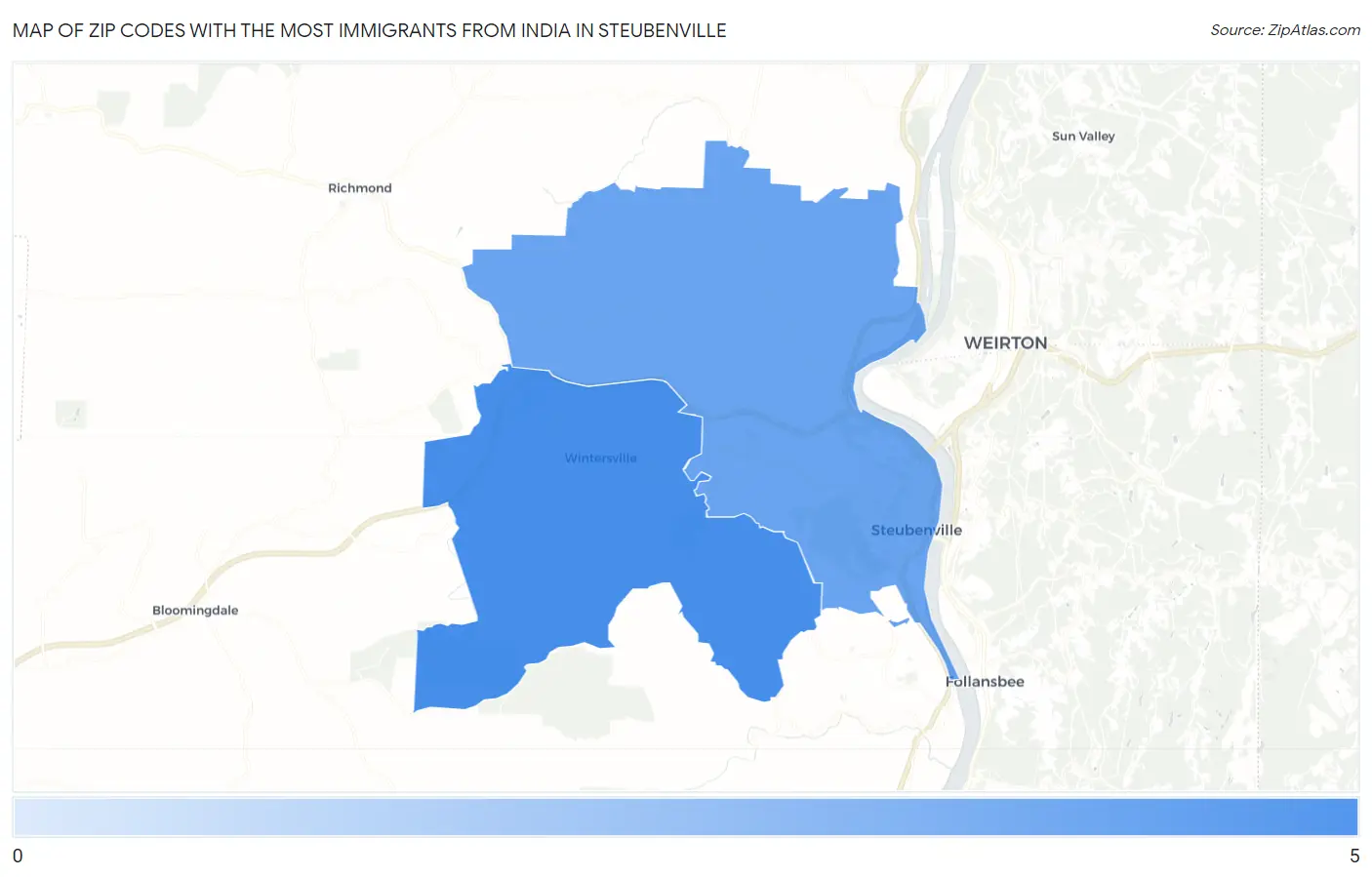 Zip Codes with the Most Immigrants from India in Steubenville Map