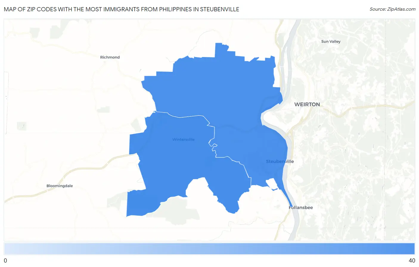 Zip Codes with the Most Immigrants from Philippines in Steubenville Map