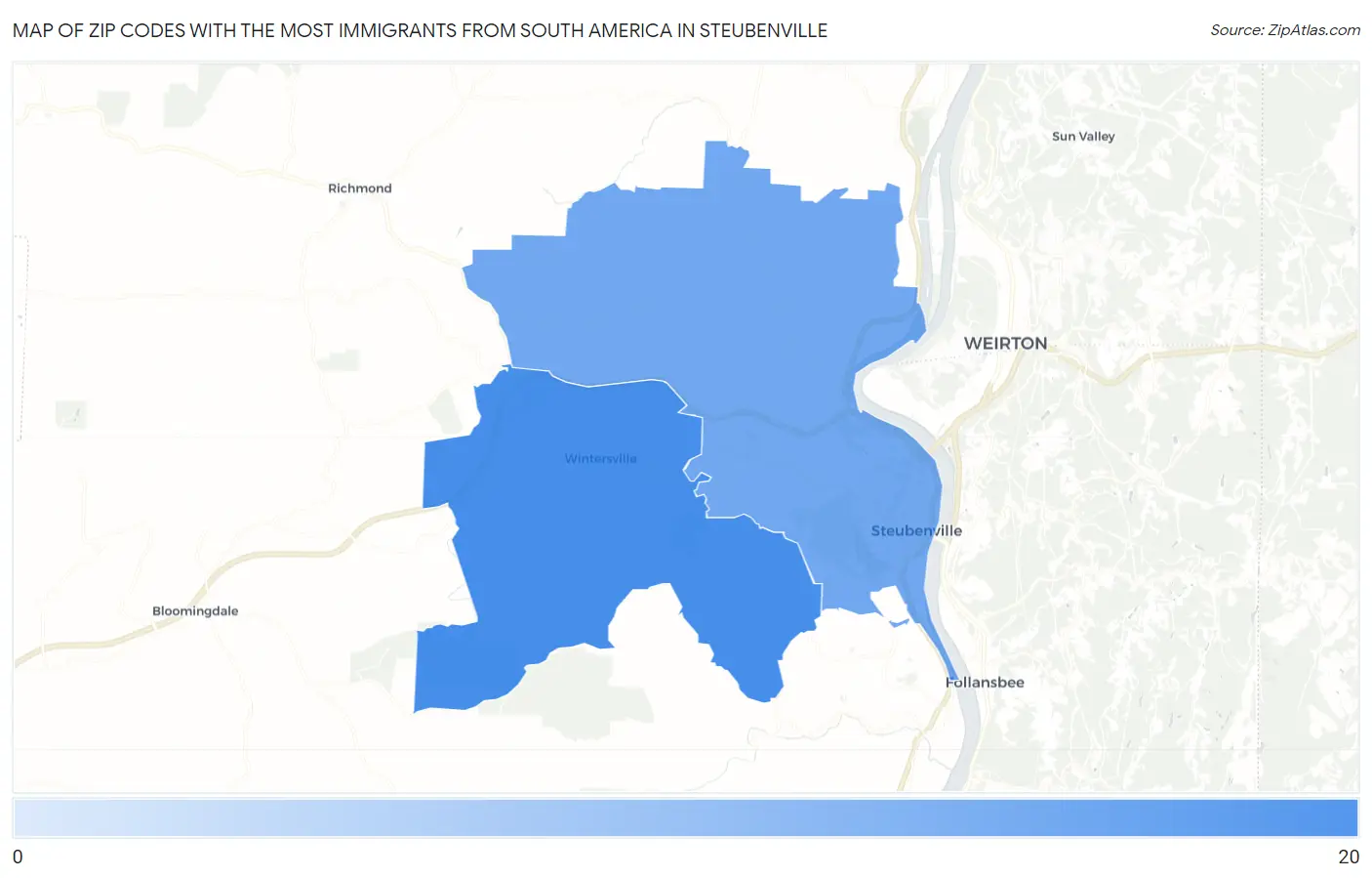 Zip Codes with the Most Immigrants from South America in Steubenville Map