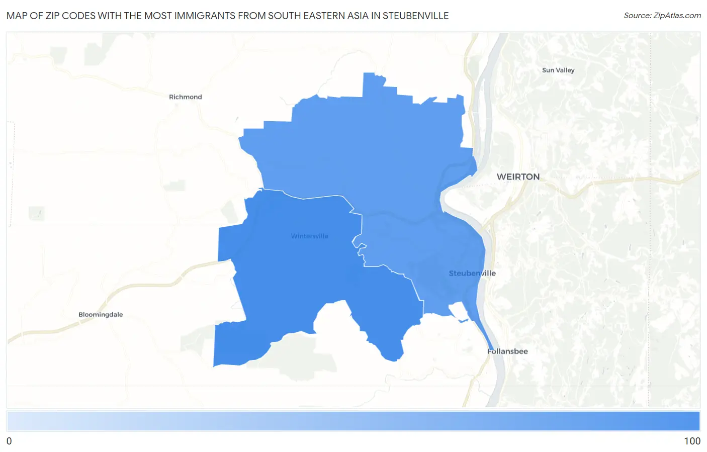 Zip Codes with the Most Immigrants from South Eastern Asia in Steubenville Map