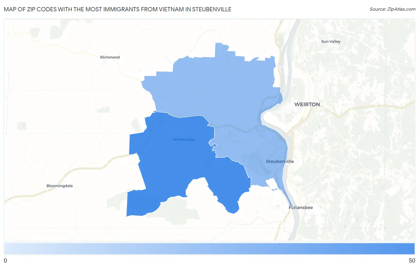 Zip Codes with the Most Immigrants from Vietnam in Steubenville Map