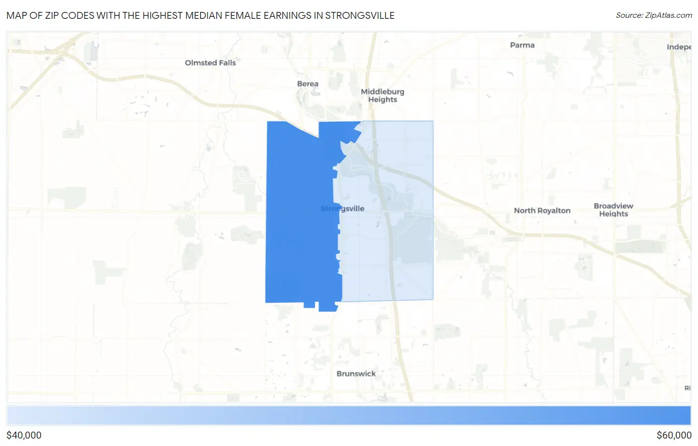 Zip Codes with the Highest Median Female Earnings in Strongsville Map