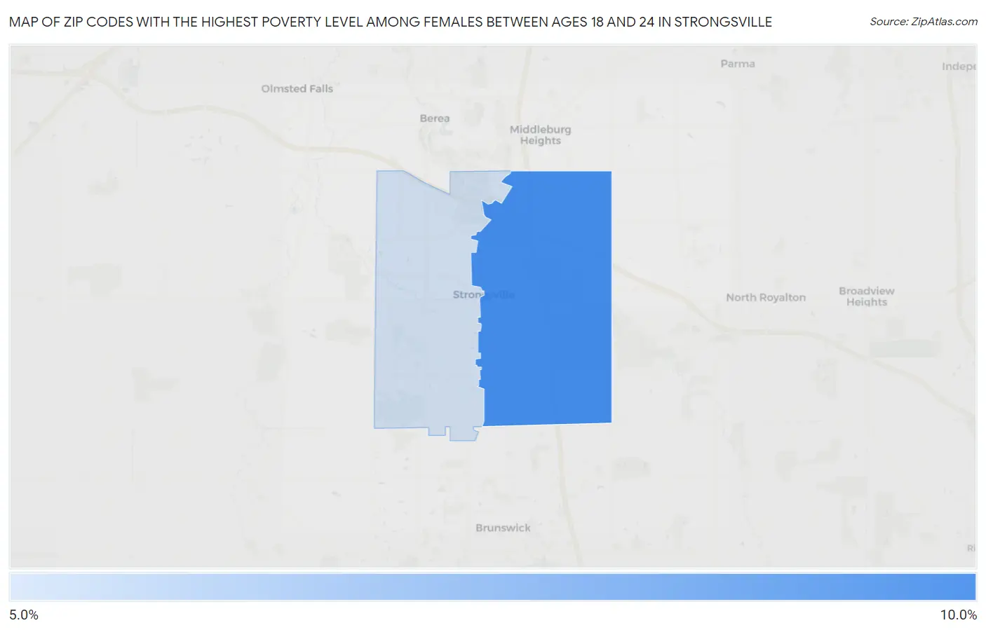 Zip Codes with the Highest Poverty Level Among Females Between Ages 18 and 24 in Strongsville Map