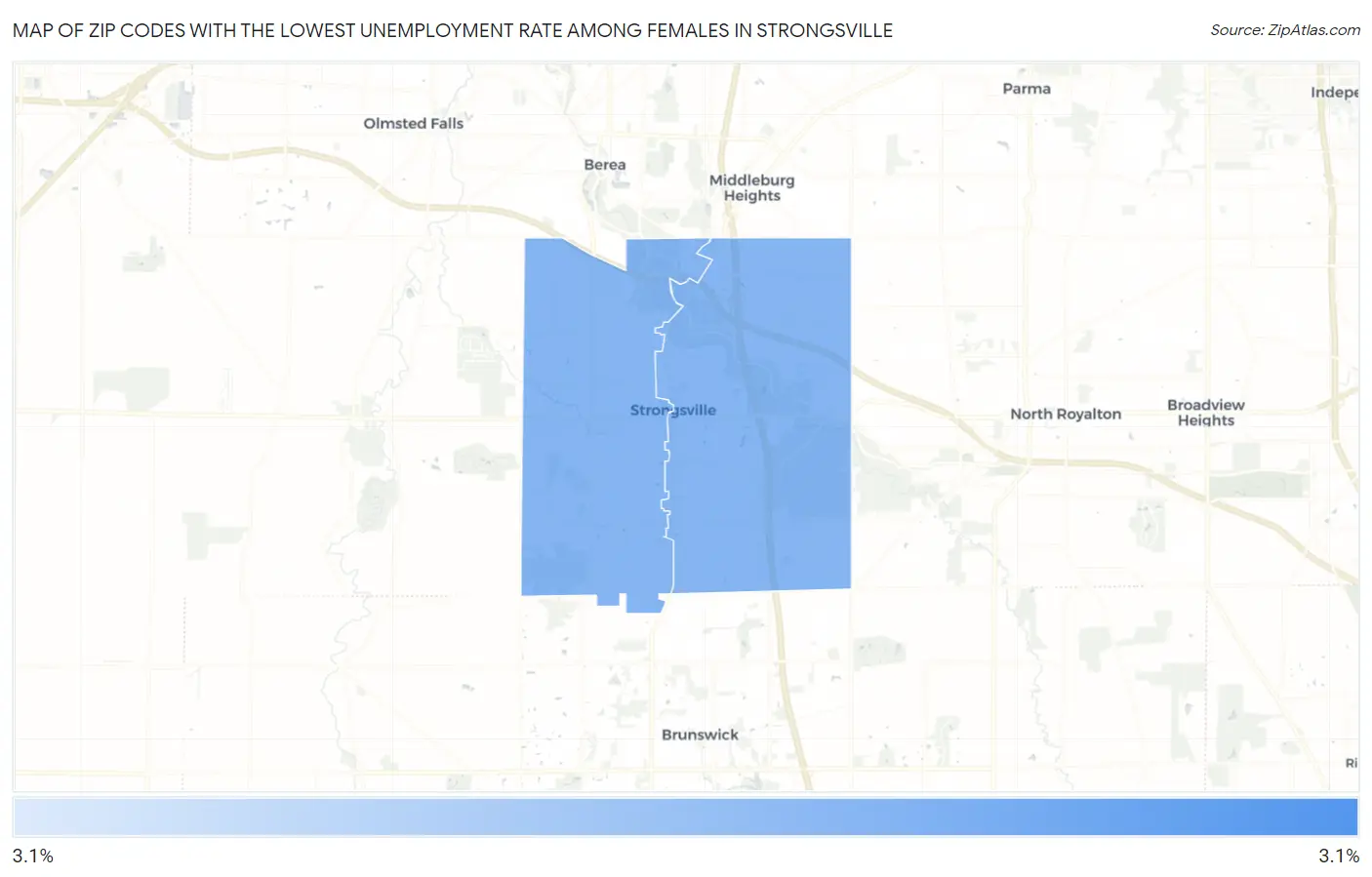 Zip Codes with the Lowest Unemployment Rate Among Females in Strongsville Map