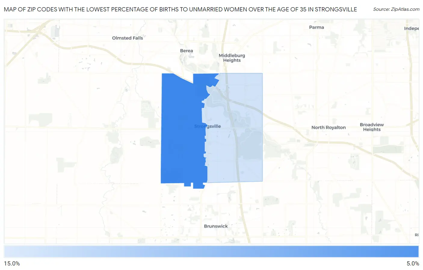 Zip Codes with the Lowest Percentage of Births to Unmarried Women over the Age of 35 in Strongsville Map