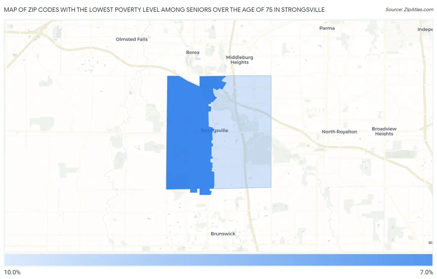 Zip Codes with the Lowest Poverty Level Among Seniors Over the Age of 75 in Strongsville Map