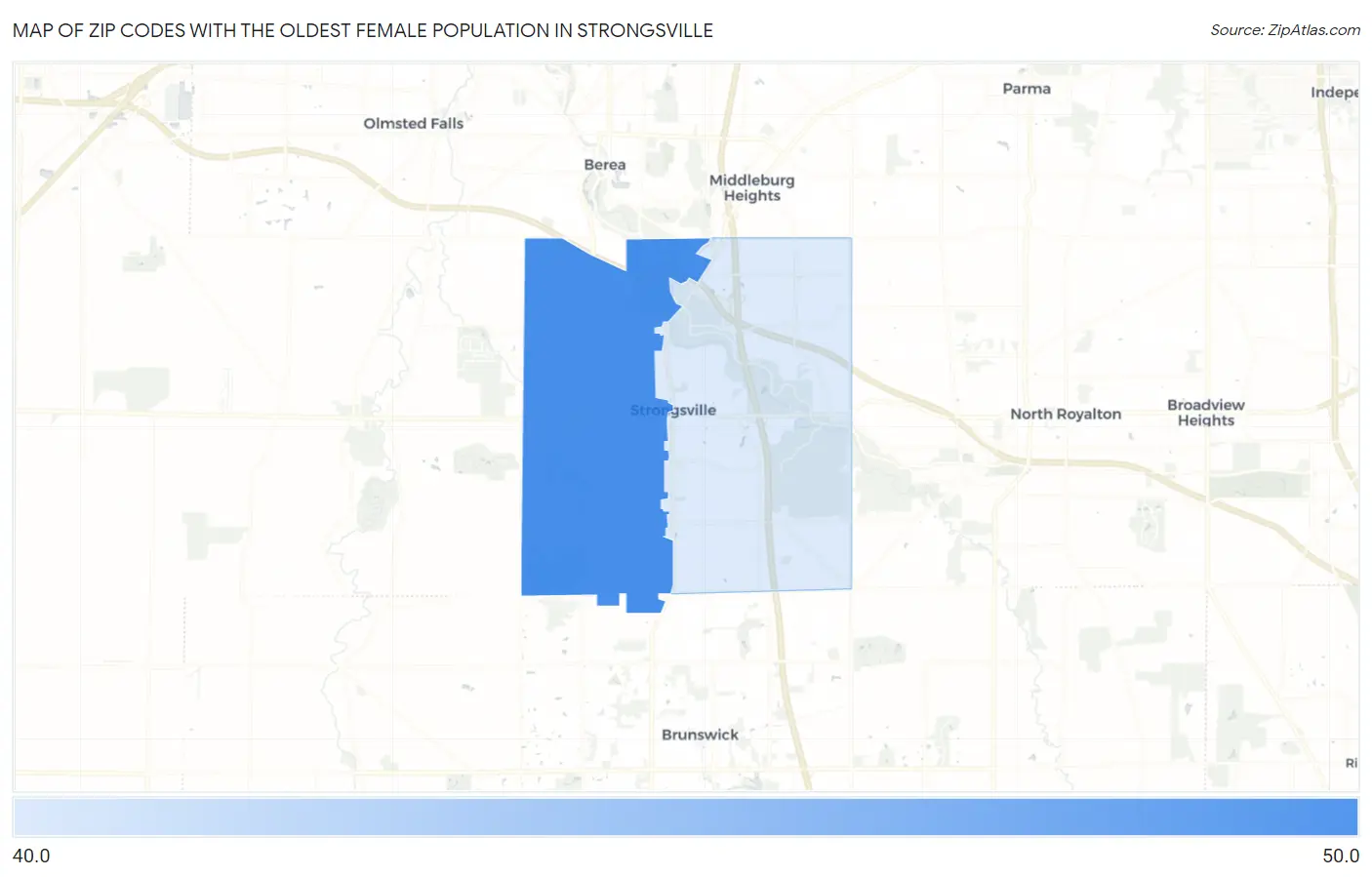 Zip Codes with the Oldest Female Population in Strongsville Map