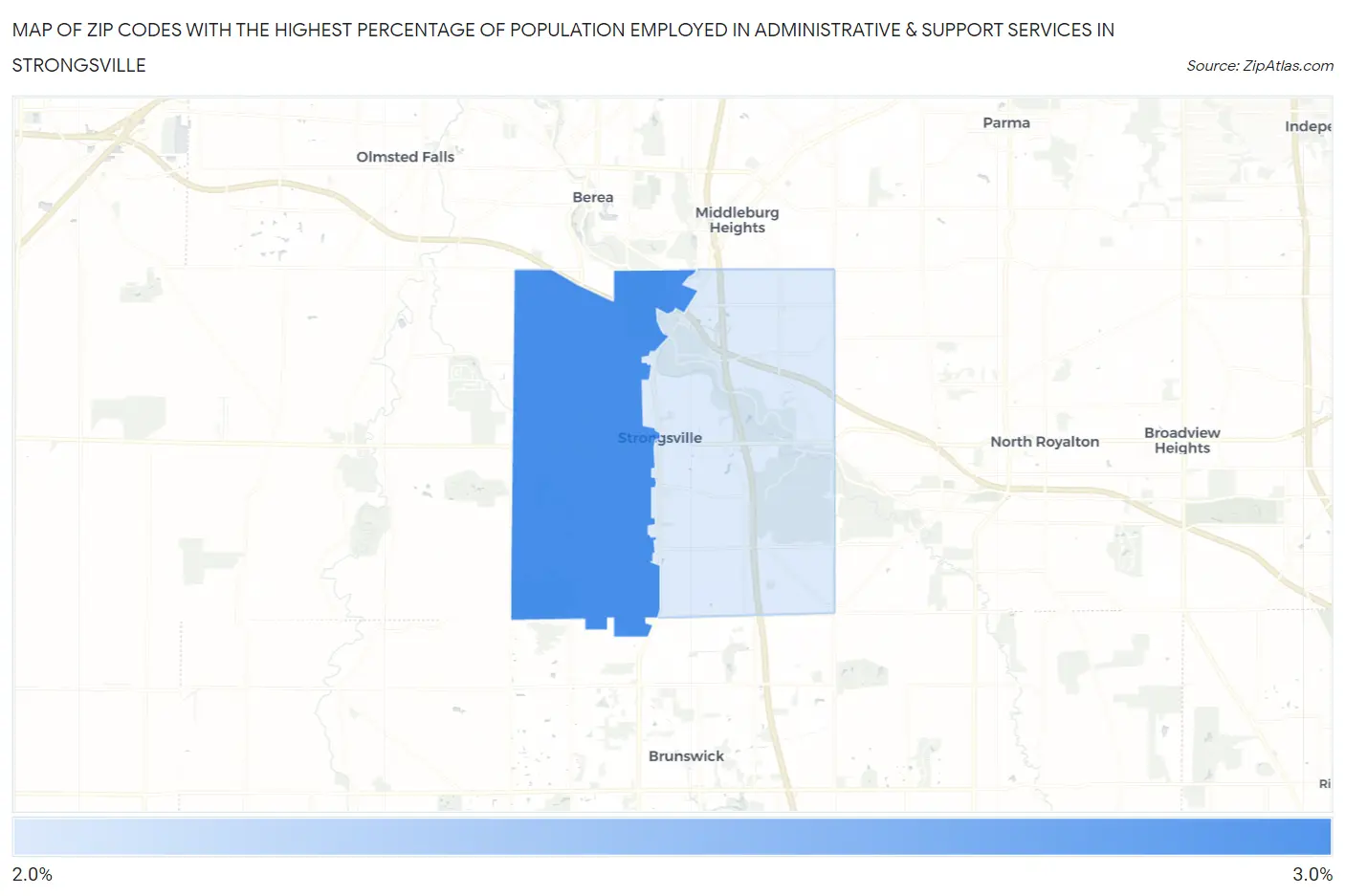 Zip Codes with the Highest Percentage of Population Employed in Administrative & Support Services in Strongsville Map