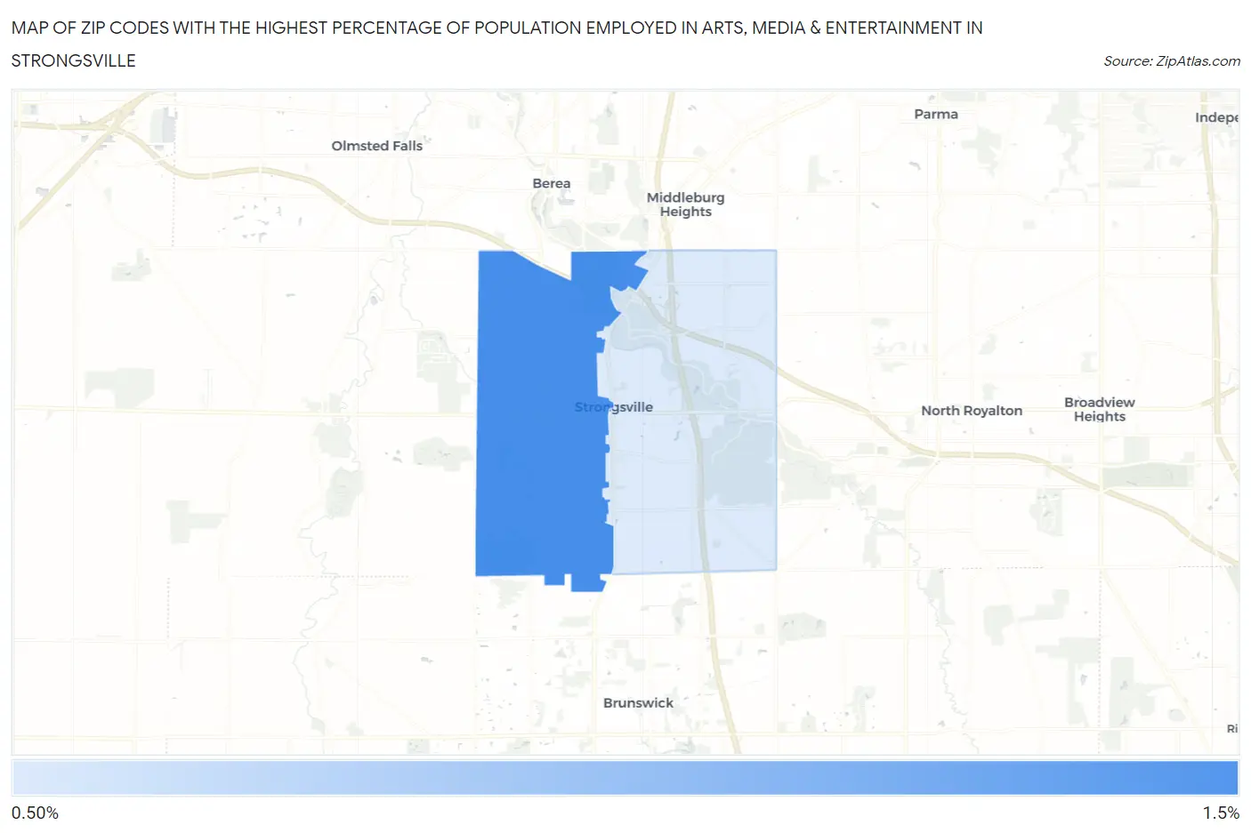 Zip Codes with the Highest Percentage of Population Employed in Arts, Media & Entertainment in Strongsville Map