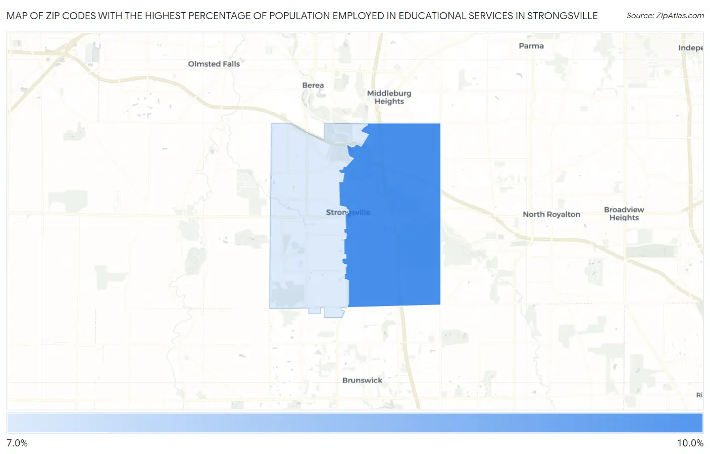 Zip Codes with the Highest Percentage of Population Employed in Educational Services in Strongsville Map