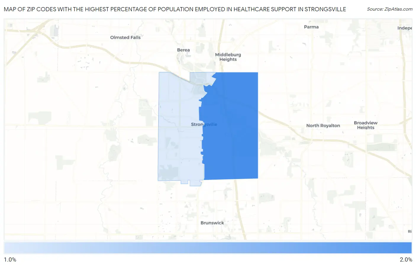 Zip Codes with the Highest Percentage of Population Employed in Healthcare Support in Strongsville Map