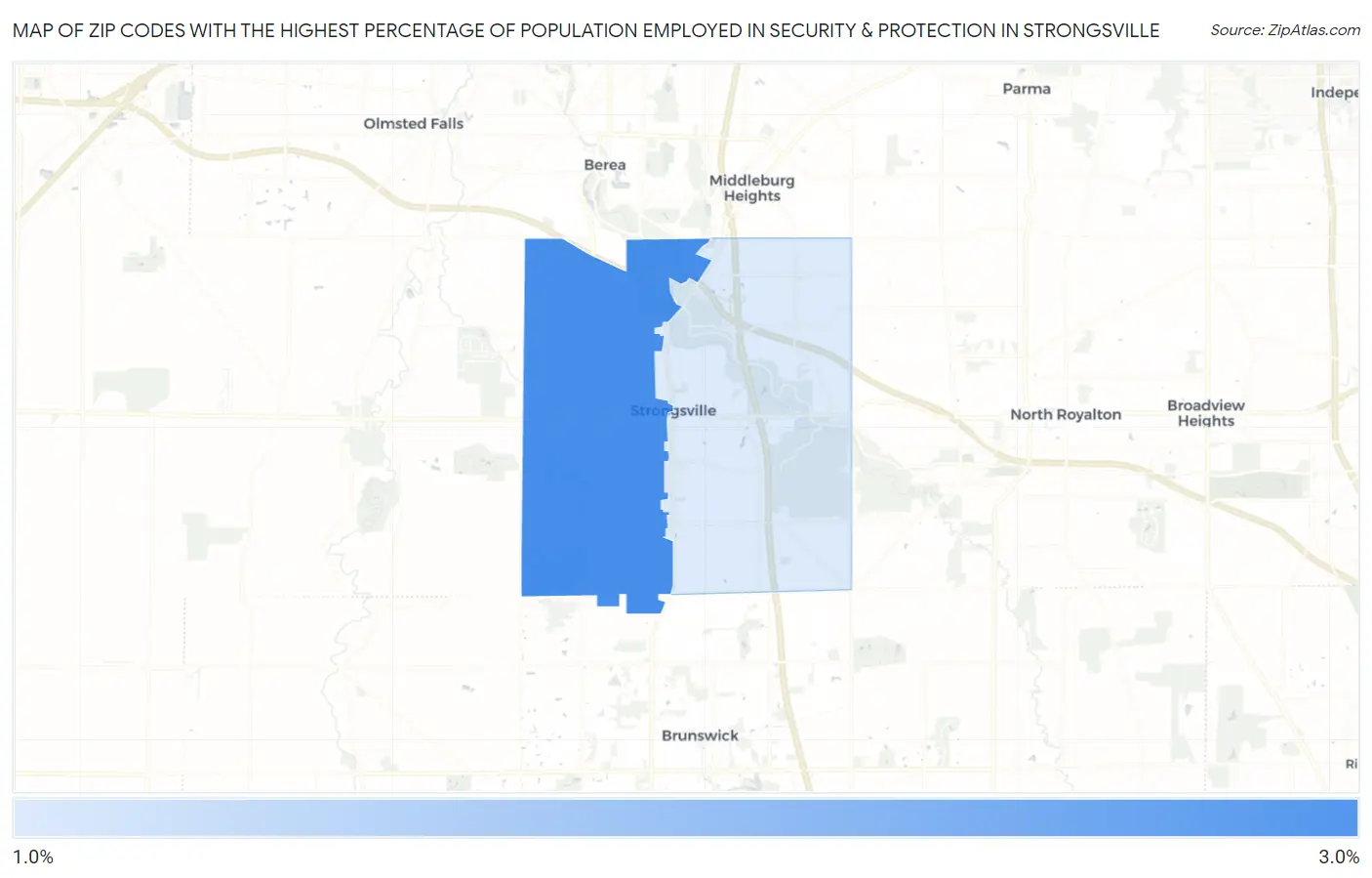 Zip Codes with the Highest Percentage of Population Employed in Security & Protection in Strongsville Map