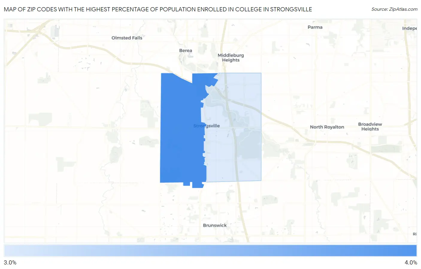 Zip Codes with the Highest Percentage of Population Enrolled in College in Strongsville Map
