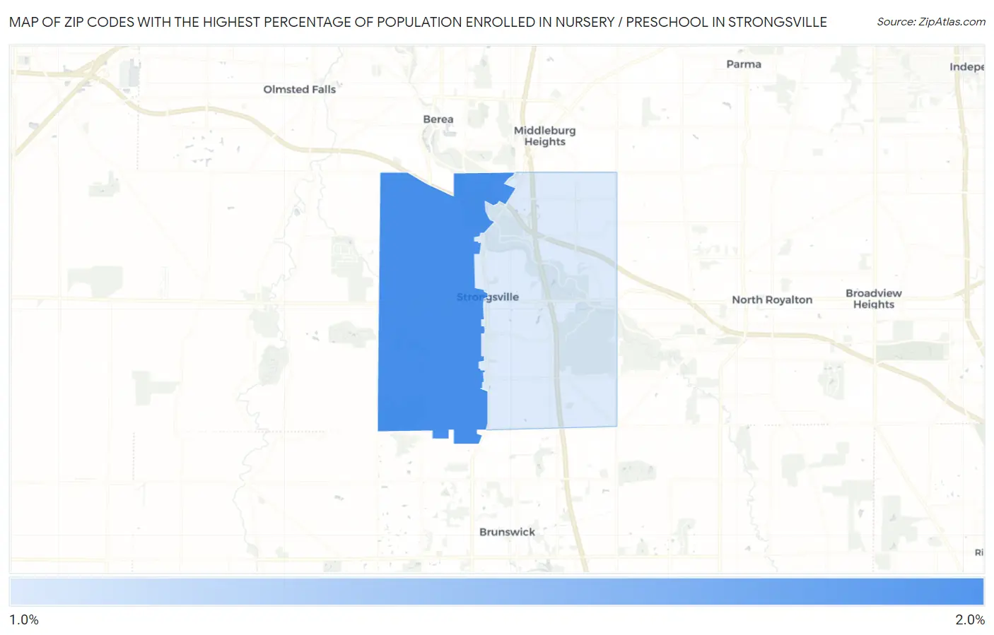 Zip Codes with the Highest Percentage of Population Enrolled in Nursery / Preschool in Strongsville Map
