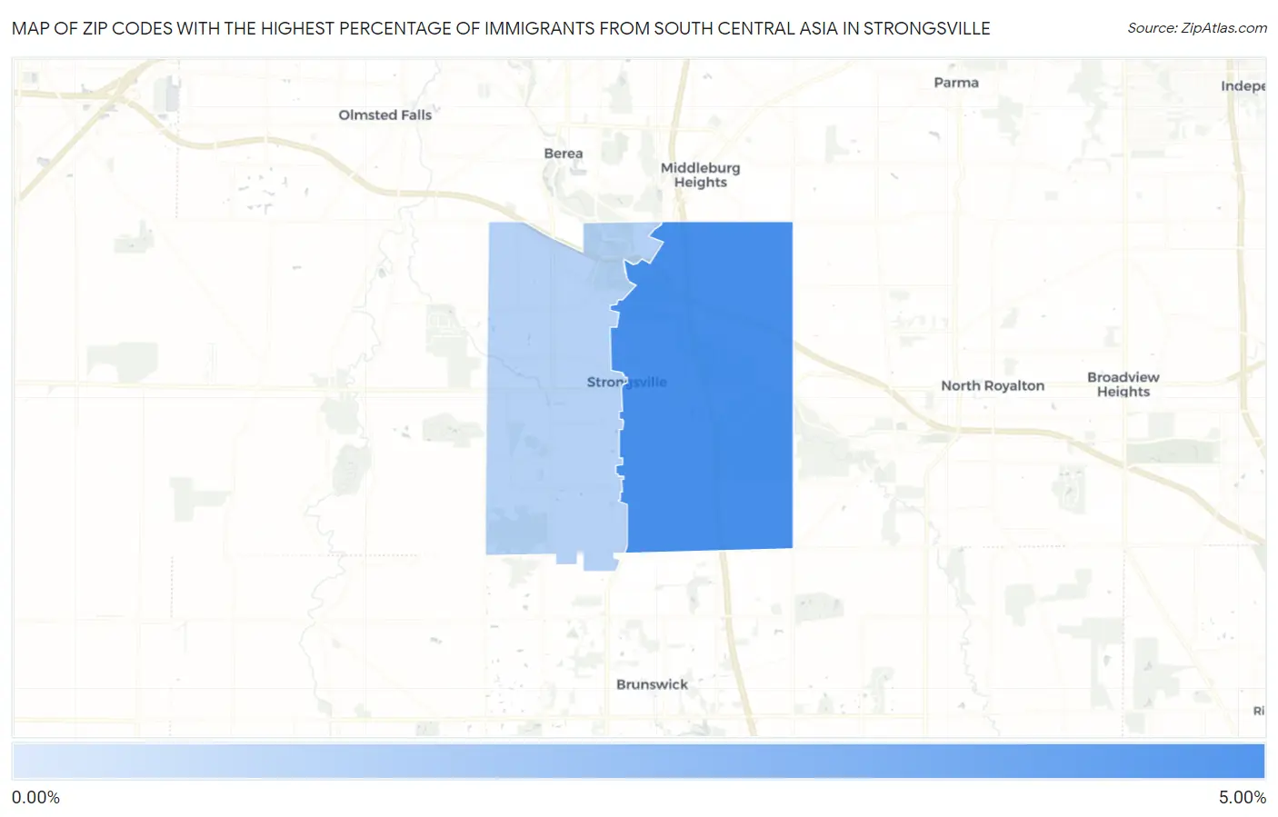Zip Codes with the Highest Percentage of Immigrants from South Central Asia in Strongsville Map