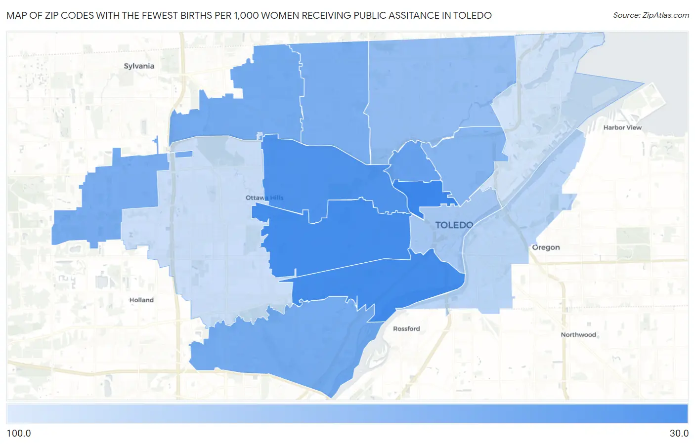 Zip Codes with the Fewest Births per 1,000 Women Receiving Public Assitance in Toledo Map